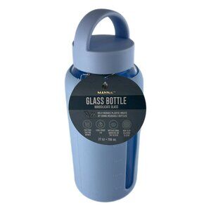 27 oz Manna Borosilicate Glass Water Bottle with Silicone Sleeve, NWT Denim Blue